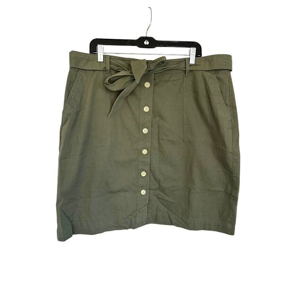 Talbots Button Tie Belt A-Line Chino Skirt Plus Size 16W Pockets Green Preppy